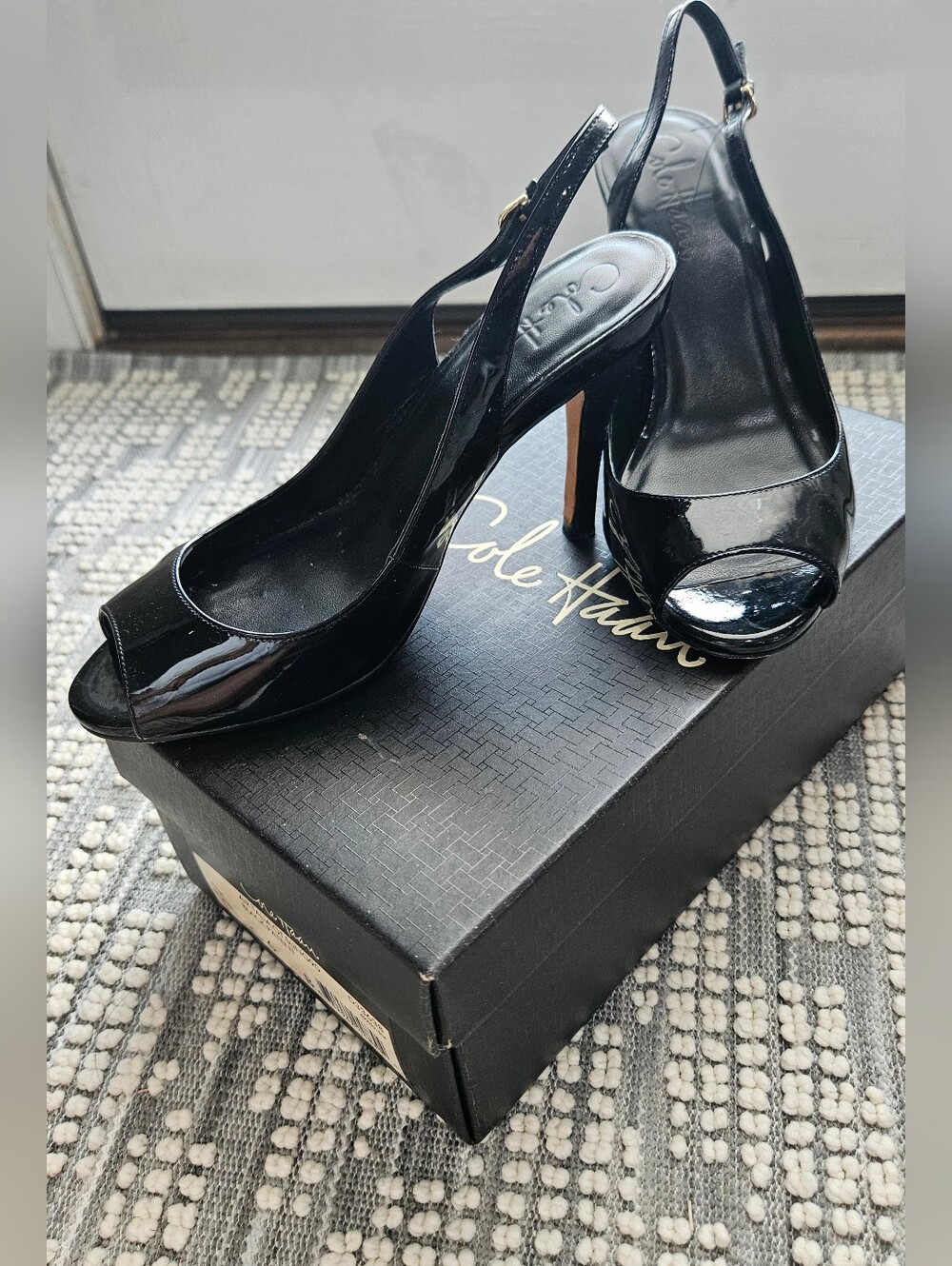 Cole Haan Women's Black Patent Slingback Peep-Toe Heels